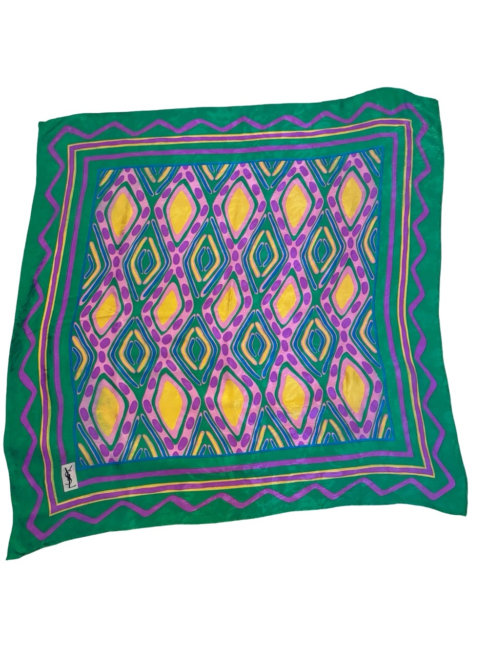 Vintage Yves Saint Laurent YSL Silk Jacquard Geometric Scarf – Green Purple Gold